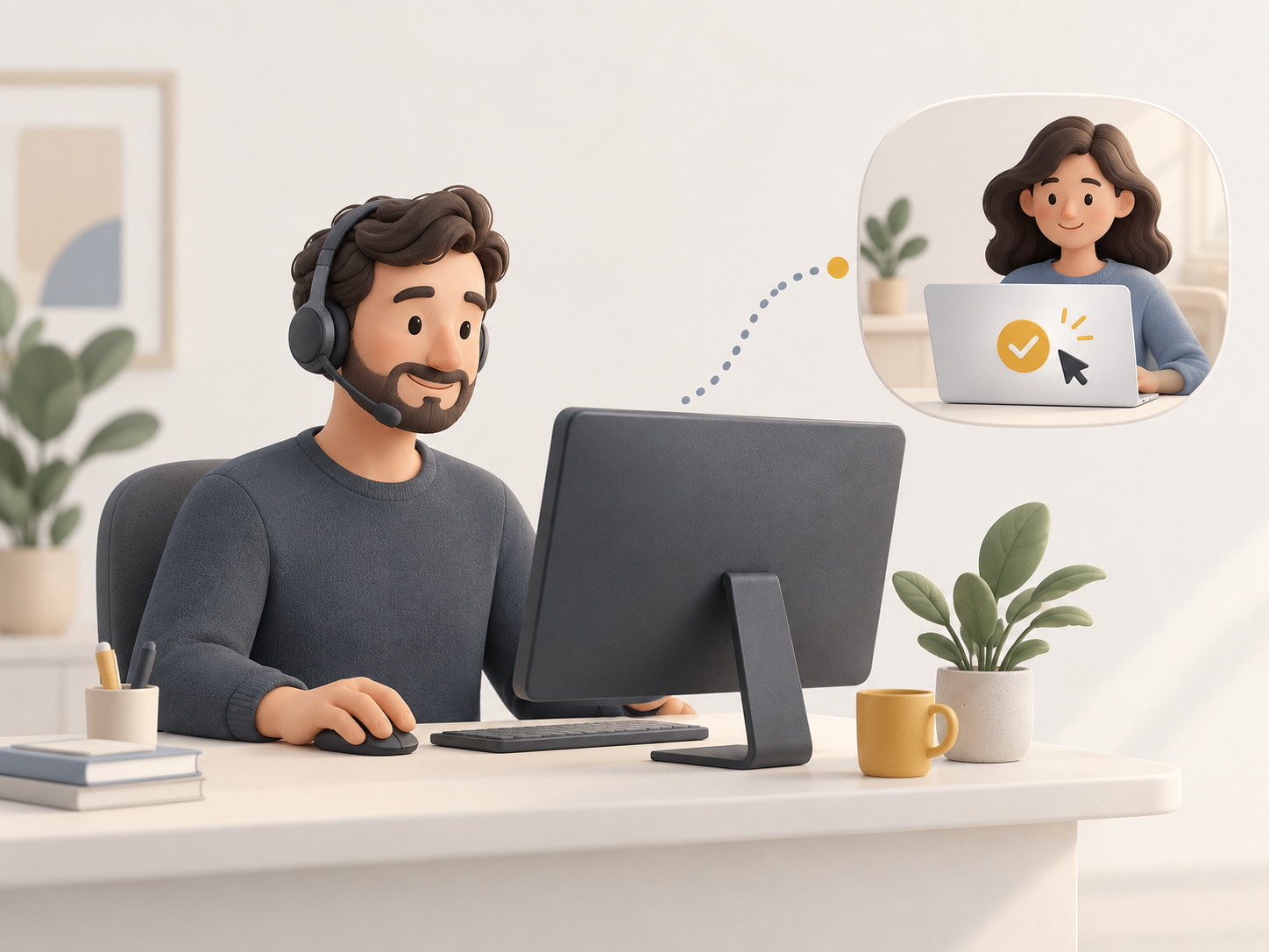 Illustration: Ein Supportmitarbeiter mit Headset hilft an einem Computer.